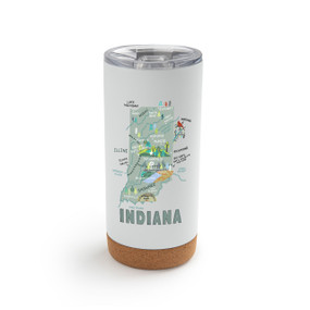 A white cork bottom tumbler with a graphic map image of Indiana and illustrations of famous locations and cities.