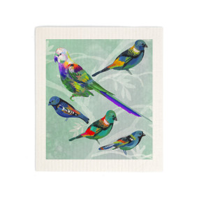 A biodegradable dish cloth with colorful parrots on a light green background.