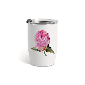 A white tumbler with a clear plastic lid and a watercolor image of a pink rose on the front.