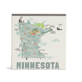 A white square wall art with an illustrated map of Minnesota with landmarks and cities.