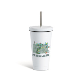 A white tumbler with a white lid and metal straw with a map illustration of Pennsylvania with landmarks and cities.