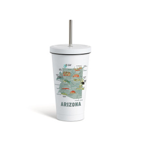 A white tumbler with a white lid and metal straw with a map illustration of Arizona with landmarks and cities.