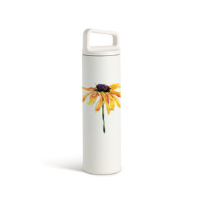 A white water bottle with a screw top handled lid. The front has a watercolor image of a black eyed susan flower.