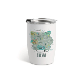 A white tumbler with a clear plastic lid and a map illustration of Iowa with landmarks and cities.