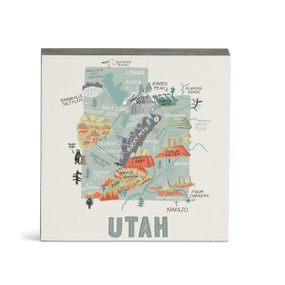 A white square wall art with an illustrated map of Utah with landmarks and cities.