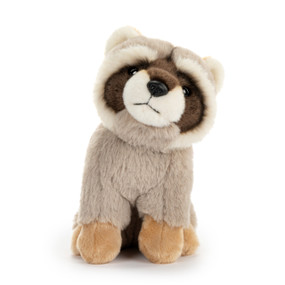 A gray and white sitting plush raccoon.