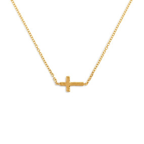 A gold chain necklace with a small gold cross charm. The necklace and charm are waterproof.