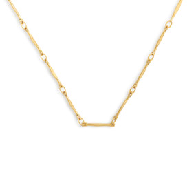 An adjustable gold chain bar link necklace. The necklace is waterproof.