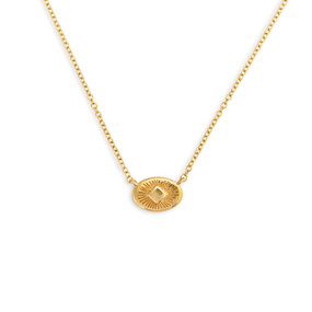 A gold chain necklace with a small gold sunburst charm. A gold chain necklace with a small gold sunburst charm. A gold chain necklace with a small gold sunburst charm. The necklace and gold sunburst charm are both waterproof.