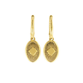 A small pair of gold hoop earring with a sunburst. The earrings are waterproof.