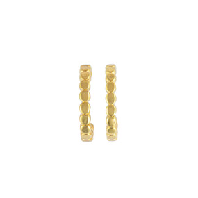A set of small gold hoop earrings that look like beads. The earrings are waterproof.