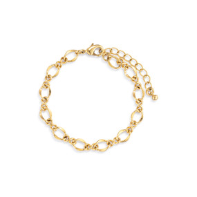 An adjustable gold bracelet with twisted small and large loops The bracelet is waterproof.