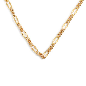 An adjustable gold chain figaro necklace. The necklace is waterproof.