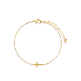 An adjustable gold chain bracelet with a small gold cross charm. The bracelet is waterproof.