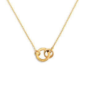 An adjustable gold chain necklace with an interlocking charm. The necklace and charm are waterproof.