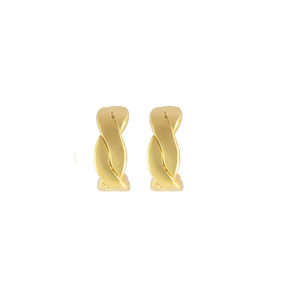 A pair of small braided gold hoop earrings displayed with one profile to show the post. The earrings are waterproof.