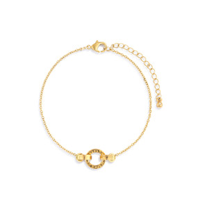 A gold chain bracelet with a gold interlocking charm. The bracelet is waterproof.