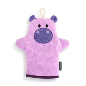 Front view of a purple hippopotamus bath mitt.