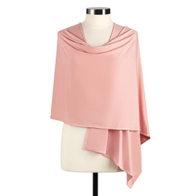 Front view of a coral pink cooling wrap. The right side of the wrap is draped over the mannequin's left shoulder.