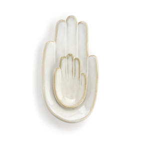 Front view of a wall art piece. The figure is two right hands, palm up, nested together with the smallest on top.