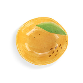 Top down view of a mini ceramic bowl, showing the citrus orange design interior of the bowl.