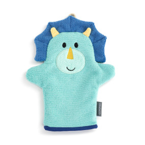 Front view of a light blue and purple dinosaur bath mitt.