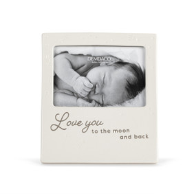 Front view of an cream colored easel style frame. The phrase "Love you to the moon and back" is printed under the frame's opening.