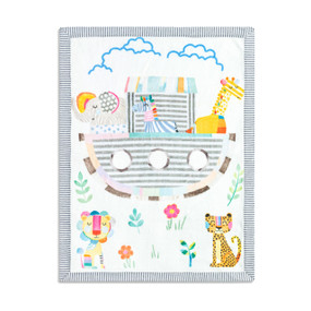 Top down view of a colorful Noah's Ark baby blanket. The ark is at the center, and a giraffe, a zebra and n elephant are on the boat. A lion is in the lower left corner. A cheetah is in the lover right corner. There are blue cloud outlines at the top of the blanket.