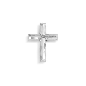 Top down view of a silver cross magnet.