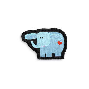 Front view of an irregularly shaped badge. The badge is a blue elephant that has both ears up and extended to indicate listening and a small red heart near its tail. The badge can be attached to a Just Add Heart Bear.