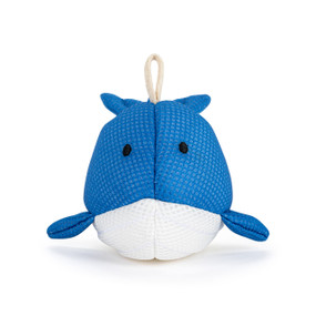 Front facing view of a blue and white whale plush bath toy. A white loop is attached at the top for hanging.