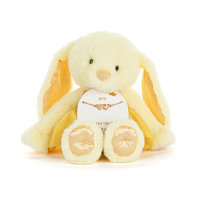 Front view of a plush yellow bunny wearing a dark yellow bodice and tutu. The bunny has a necklace card on its lap, holding a gold necklace with a charm made of two hearts. "BFF!" is printed at the top of the card, above the necklace.