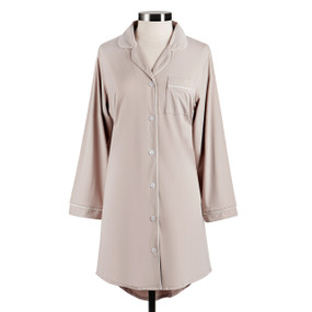 Front view of a long sleeved gray night shirt, size small. The night shirt has white buttons down the center, and white trim at the wrists, collar and left breast pocket.