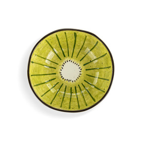 Top down view of a mini ceramic bow , showing the sliced kiwi fruit design on the interior of the bowl.