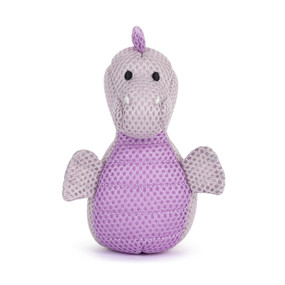 Front facing view of a purple seahorse plush bath toy