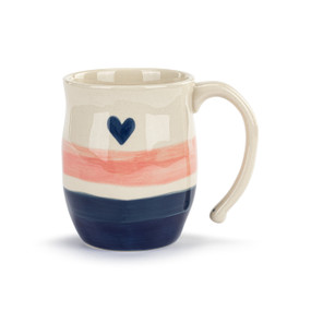 Image of the front of a white ceramic mug with a dark blue base and a wide pink stripe. There is a small dark blue heart just above the pink stripe. TGhe mug's handle is to the right.