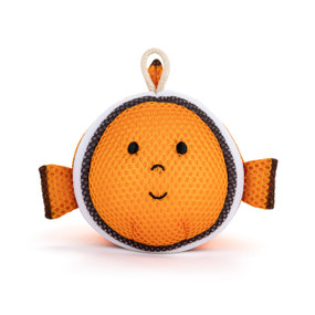 Front facing view of Right facing profile view of an orange, black and white striped clown fish plush bath toy. A white loop for hanging is attached at the top.