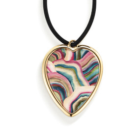 Top down view of the front of a heart shaped gift tag for a wine bottle, strung with a black cord. The heart has a marbled pattern of blue, green, mauve and white.