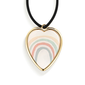 Top down view of the front of a heart shaped gift tag for a vase, strung with a black cord. The heart has an image of a rainbow on a white background.