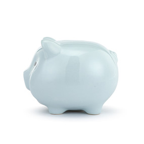 Profile view of a blue piggy bank. The pig's face is to the left.