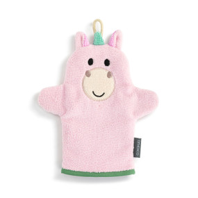 Front view of a pink unicorn bath mitt.