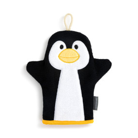 Front view of a black and white penguin bath mitt.