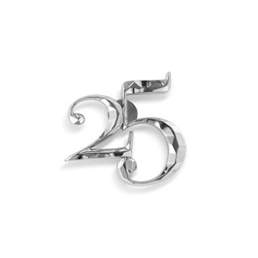 Top down view of a silver magnet shaped as the number 25. The surface of the numbers appears faceted.