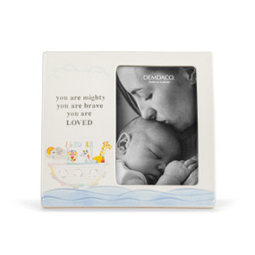 Front view of a ceramic easel style frame. The frame's opening is on its left side. On the right side of the frame is an image of Noah's Ark with an elephant, a lion, a zebra and a giraffe on deck, with blue waves of water across the bottom. The phrase "You are mighty, you are brave, you are loved" is printed above the ark, to the right of the frame's opening.