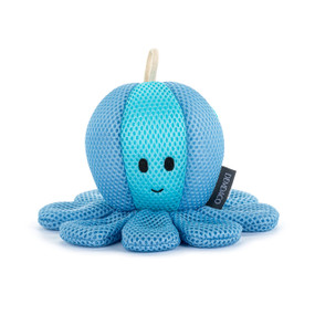 Front facing view of a blue octopus plush bath toy. A white loop is attached at the top for hanging.