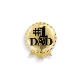 Top down view of a gold magnet shaped as an award ribbon, printed with the words "#1 Dad".