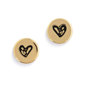Top down view of a pair of gold post earrings with gold circular embellishments with a heart shaped butterfly at the center.