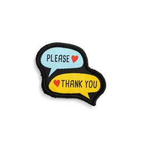 Front view of an irregularly shaped badge. The badge is two speech bubbles, one blue and one yellow. The blue badge has the word "please", and the yellow badge has the word "thank you". The badge can be attached to a Just Add Heart Bear.