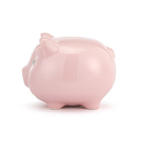 Profile view of a pink piggy bank. The pig's face is to the left.