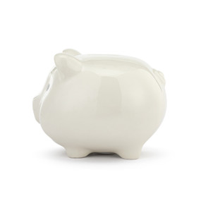 Profile view of a white piggy bank. The pig's face is to the left.